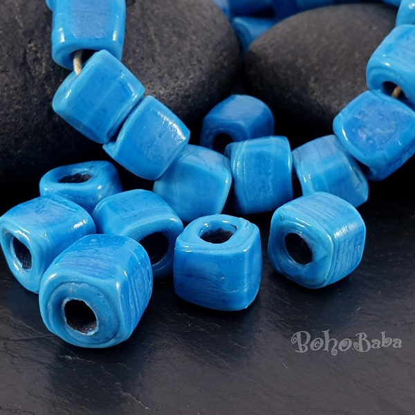 Blue Glass Beads, Rustic Glass Cube Beads, Square Beads, Necklace Beads, Glass Pendant Beads, Turkish Lampwork Beads, Handmade Glass Beads