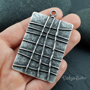 1 st, Rektangulärt hänge, Silverrektangel, Boho smycken, Rustika silversmycken, Stort silverhänge, Etniska smycken, Tribal smycken