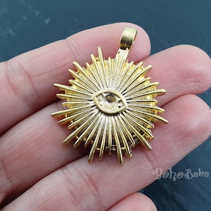 Gold Sun Charm, Gold Evil Eye Pendant, Sun Ray Charm, Sunburst Charm, Sun Necklace, Sun Pendant, Sunshine Charm, Gold Eye Pendant, 1Pc