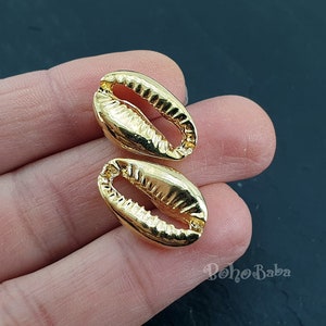 Gold Seashell Charms, Shell Connector Charms, Cowrie Shell Charms, Shell Bracelet Findings, 2Pc