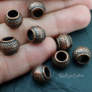 Antique Copper Plated Ball Beads, Tribal Round Spacer Beads, Large Hole Spacer Beads, Barrel Beads, Copper Jewelry Spacers, 4Pc