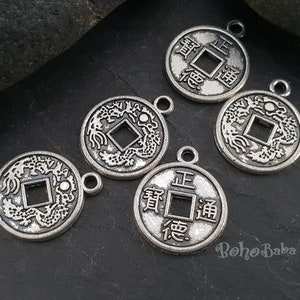 Mini Silver Hoop Charms, Tribal Charms, Coin Charms, Round Disc Charms, Silver Coins, Ethnic Pendants, Coin Pendants, Coin Findings, 5 Pc,