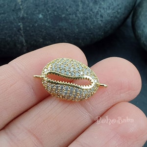 Gold Plated Pave Seashell Charms, Micro Pave Cowrie Shell Connector Charm