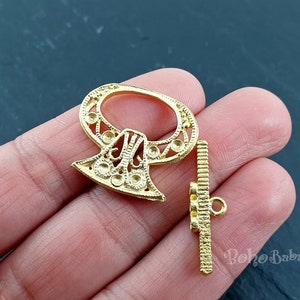 Large Gold Toggle Clasp, Toggle Clasp Set, Tribal Tibetan Clasp, Ring T-Bar