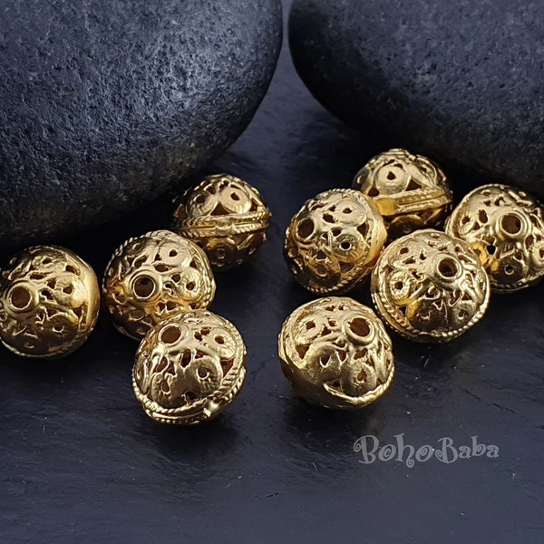 Filigree Gold Ball Beads, Gold Mala Beads, Tribal Gold Spacer Beads, Round Spacer Beads,  2 Pc