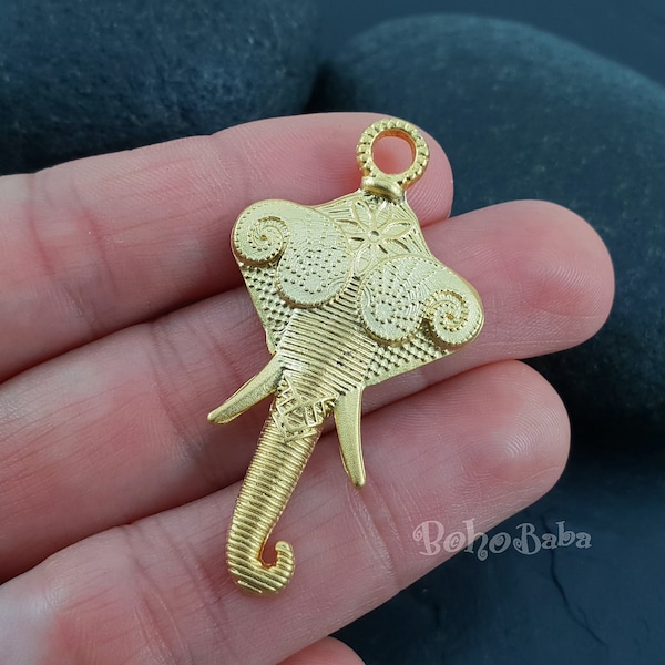 Gold Elephant Pendant, Elephant Head Charm, Tribal Elephant Findings, 1 Pc