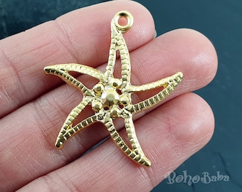 Large Gold Starfish Pendant, Gold Sea Star Charm, Gold Star Charms, 2 Pc