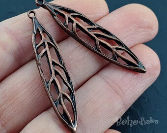 Antique Copper Plated Large Leaf Pendant, Long Skeleton Leaf Charm, Copper Findings, 3 Pc