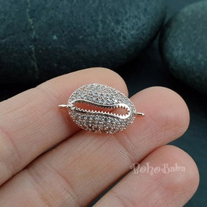 Rose Gold Plated Pave Seashell Charms, Micro Pave Cowrie Shell Connector Charm, Cubic Zirconia Findings