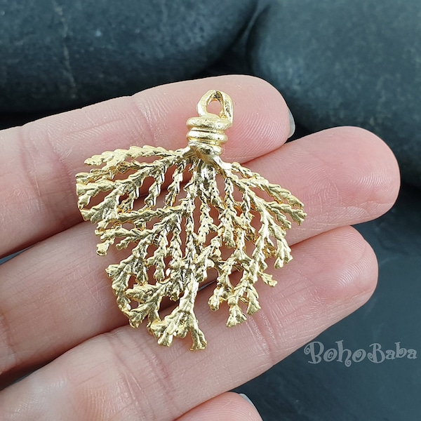 Conifer Leaf Charm, Leaf Pendant, Gold Conifer Leaf Branch Pendant, Gold Plated Charms, Jewelry Supplies, Gold Conifer Leaf, 1 Pc