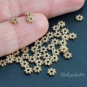 Gold Spacer Beads, Mini Beads, Round Beads, Gold Flower Beads, Jewelry Spacers, Tiny Gold Beads, Flat Beads, Gold Jewelry, 50 Pc