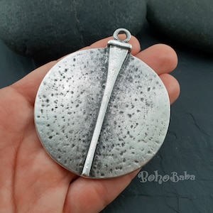 Large Tribal Pendants, Large Round Pendant, Silver Plated Pendant, Large Necklace, Hammered Pendant, Tribal Jewelry, Silver Findings, 1 Pc