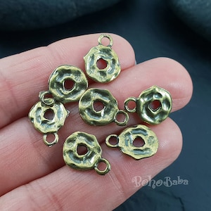 Bronze Hoop Charms, Hammered Coin Charms, Bronze Round Charms, Rustic Mini Disc Charms, Bronze Jewelry Findings, 10 Pc
