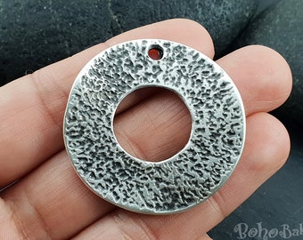 Silver Hoop Charm, Hammered Silver Hoop Pendant, Silver Disc Pendant, 1 Pc