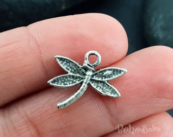 Antique Silver Plated Mini Dragonfly Charms, 10Pc