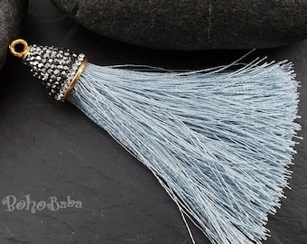 Gray Silk Tassel, Tassel Pendant with Zirconia Pave Cap, Bohemian Tassel Jewelry Findings, 1pc