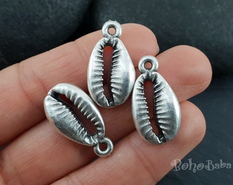 Silver Seashell Charm, Cowrie Shell Charms, 3 Pc