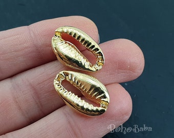 Shiny Gold Plated Seashell Charms, Cowrie Shell Bracelet Findings (2Pc)