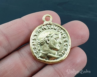 Gold Plated Coin Pendant, Gold Greek Coin Pendant, Coin Pendant, Greek Coin Medallion, Medallion Necklace, Large Coin, 1 Pc