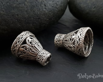 Tapa de borla de plata, tapa de cono de plata, tapa de borla, tapa de borla oriental, tapas de cuentas de metal, conos de cuentas, tapa de cuentas de plata, borla de filigrana, 2 piezas