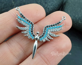 Colgante de ángel de plata, colgante de ala de ángel, collar de ala de pavé, encanto de ala, encantos de micro pavé, circonita cúbica azul, joyería de ángel