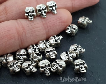 Lot De 5 Perles Tête De Mort 3D En Argent Tibétain - Dimensions 12x10 Mm, Couleur Argenté - Neuf Pour Création Bijoux