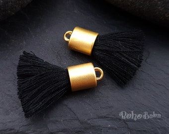 2 Pc, Black Mini Cotton Tassels, Tassel Findings, Mini Boho Tassels, Tassel Bracelet, Gold Plated, Earring Tassels