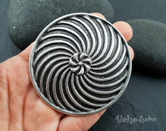 Large Silver Shield Pendant, Round Swirl Pendant, Tribal Spiral Pendant
