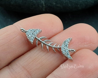 Silber Fishbone Charme, Micro Pave Fishbone Verbinder Charme