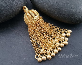 Matte Gold Plated Chain Tassel Pendant with Mini Ball Charms, 1pc