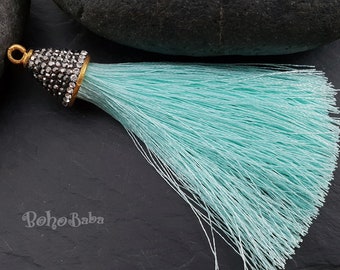 Mint Silk Tassel Pendant with Zirconia Pave Tassel Cap, Rhinestone Tassel Necklace, Boho Tassel, Bohemian Jewelry