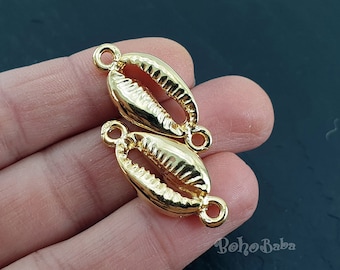 Shiny Gold Plated Cowrie Shell Connector Charms, Bracelet Findings (2 Pc)