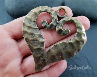 Large Bronze Heart Pendant, Tribal Hammered Bronze Heart Pendant, 1Pc