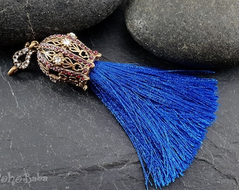 Night Blue Silk Tassel Pendant with Antique Bronze Ornate Tassel Cap