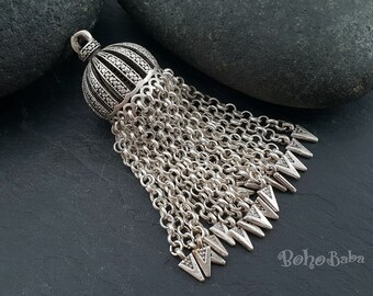 Antique Silver Plated Chain Tassel Pendant with Mini Spike Charms
