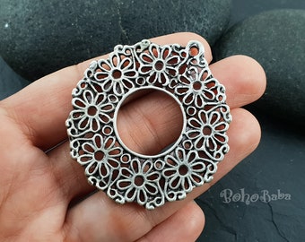 Silver Hoop Pendant, Round Silver Pendant, Silver Disc Pendant, Ethnic Jewelry, Large Round Pendant, Flower Pattern, Silver Jewelry, 1 Pc
