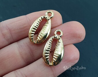 Gold Seashell Charm, Gold Shell Charms, Cowrie Shell Pendant, Shell Findings, 2 Pc