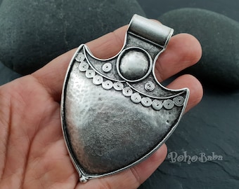 Antique Silver Plated Large Tribal Pendant, Silver Shield Pendant, Large Necklace Pendant, Ethnic Silver Tribal Jewelry Findings