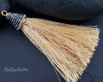 Vanilla Silk Tassel Pendant with Zirconia Pave Tassel Cap, Rhinestone Tassel Necklace, Boho Tassel, Bohemian Jewelry, 1 Pc