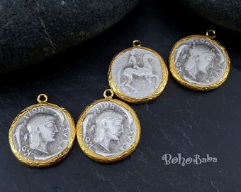 Antique Silver Plated Greek Coin Charm, Rustic Greek Medallion Pendant, Silver Coin Jewelry, Ancient Greek Coin, Silver Findings