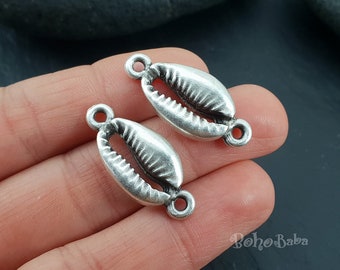 Silver Seashell Connector Charms, Seashell Bracelet Connector, Cowrie Shell Charms, 3 Pc