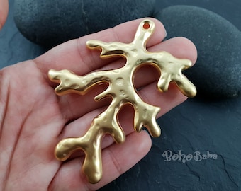 Pendentif branche de corail doré, grand pendentif en corail, grand pendentif en corail martelé