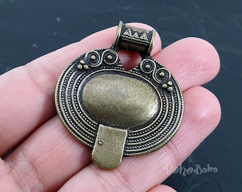 Tribal Bronze Plated Oval Pendant, Boho Jewelry (37x43mm)
