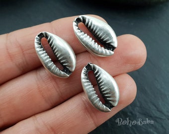 Silver Seashell Charms, Seashell Connector Charms, Cowrie Shell Charms, Bracelet Findings, 3 Pc