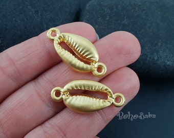Matte Gold Plated Cowrie Shell Charms, Seashell Connectors (2 Pc)