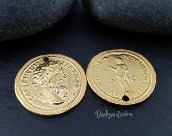Greek Coin Pendant, Gold Coin Charm, Gold Greek Pendant, Large Coin Pendant, Greek Coin Medallion, Medallion Necklace, 1 Pc