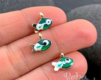 Shiny Gold Plated Enamelled Fish Charms, Green Enamel Fish Charms, 2 Pc