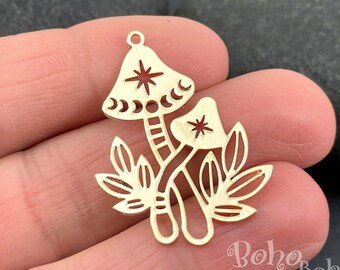 Gold Mushroom Charm, Moon Phases Charm, Shiny Gold Mushroom Pendant, Laser Cut Findings, MLGP0002