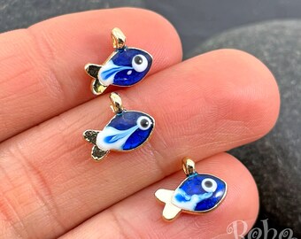 Shiny Gold Plated Enamelled Fish Charms, Blue Enamel Fish Charms, 2 Pc
