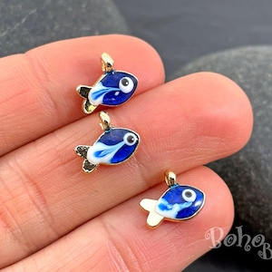 Shiny Gold Plated Enamelled Fish Charms, Blue Enamel Fish Charms, 2 Pc